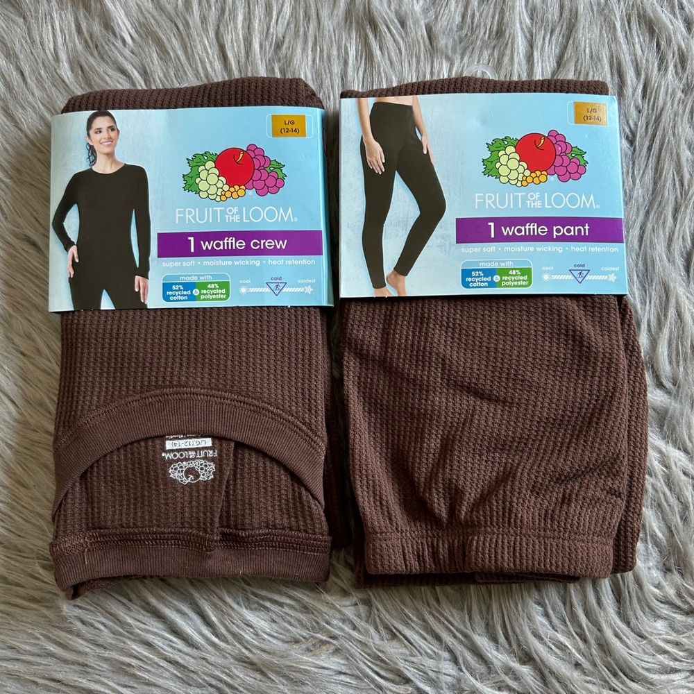 Fruit‎ Of The Loom Thermal Set Women's Size Large Brown Waffle Crew Shirt Pants